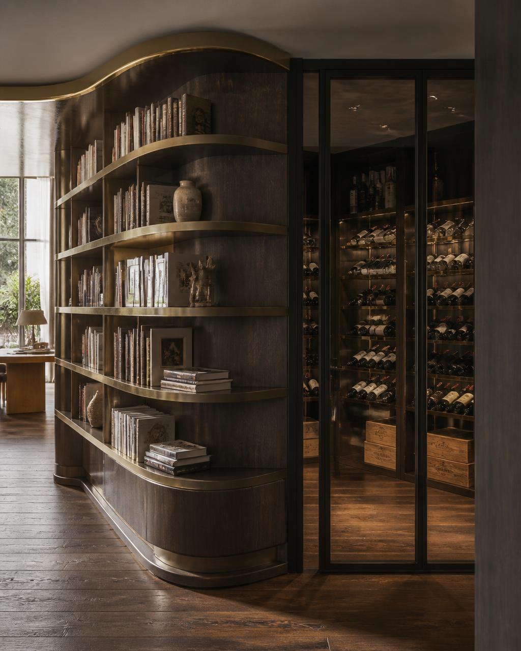 Scultorea e sinuosa, la libreria del vino — progetto di living a Asolo (TV)