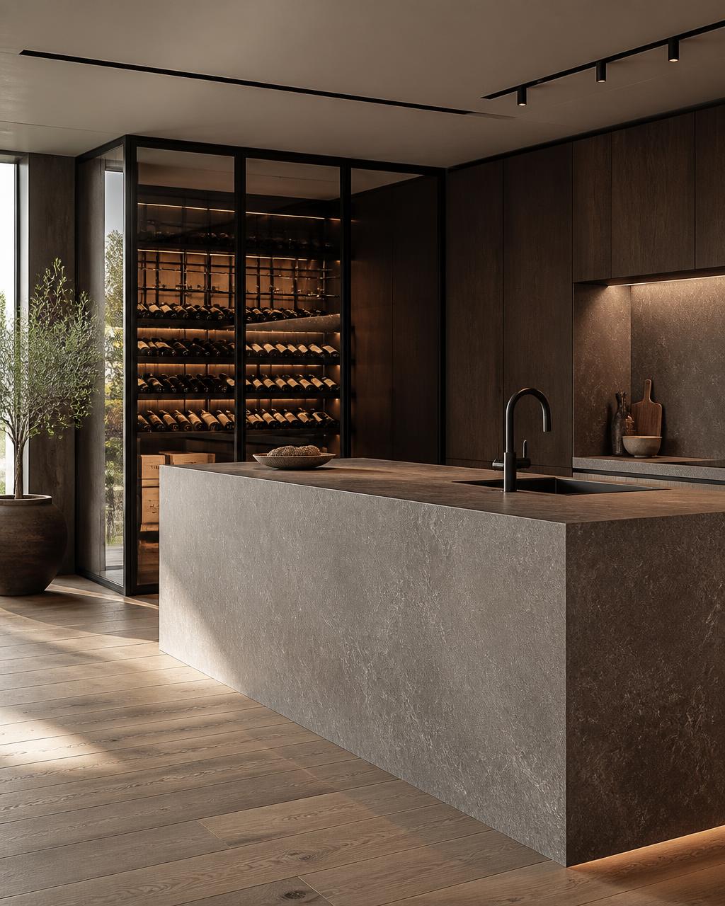 Monolite su pavimento in rovere vintage e wine cellar — progetto di cucine a Marostica (VI)